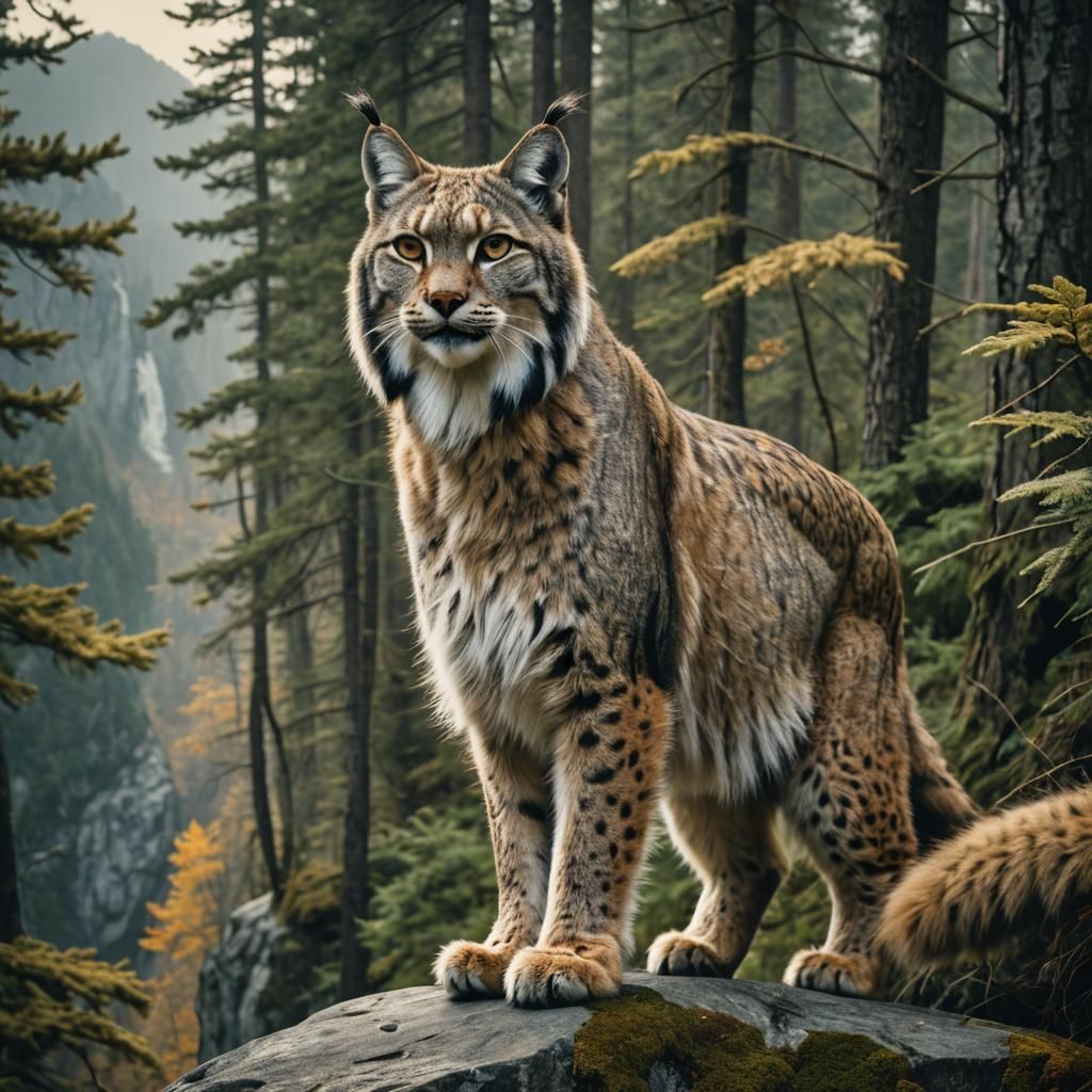 Golden Lynx in Forest with Owl, Cinematic Still