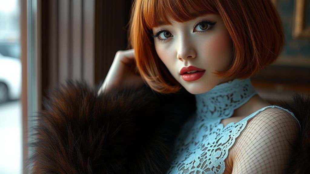 Elegant Cyberpunk Beauty in Luxurious Fur Coat