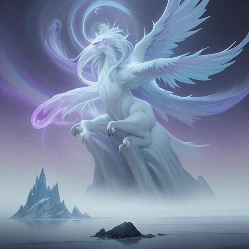 Wizard Summons Hippogriff from Frozen Lake in Dark Fantasy A...