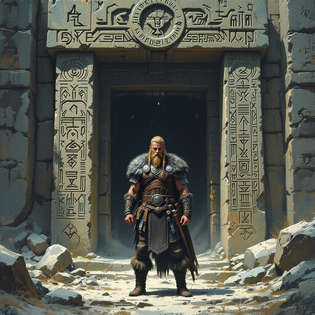 Viking Warrior at Ancient Temple Entrance