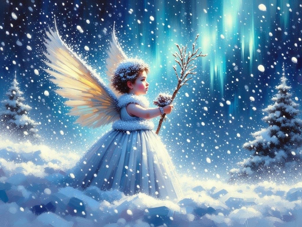 Angel Snowflake Amidst Vibrant Northern Lights in Whimsical...