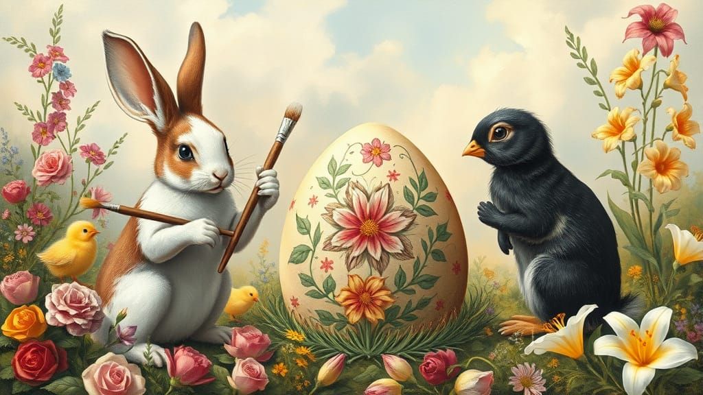 Rabbits and Chicks Painting Easter Eggs