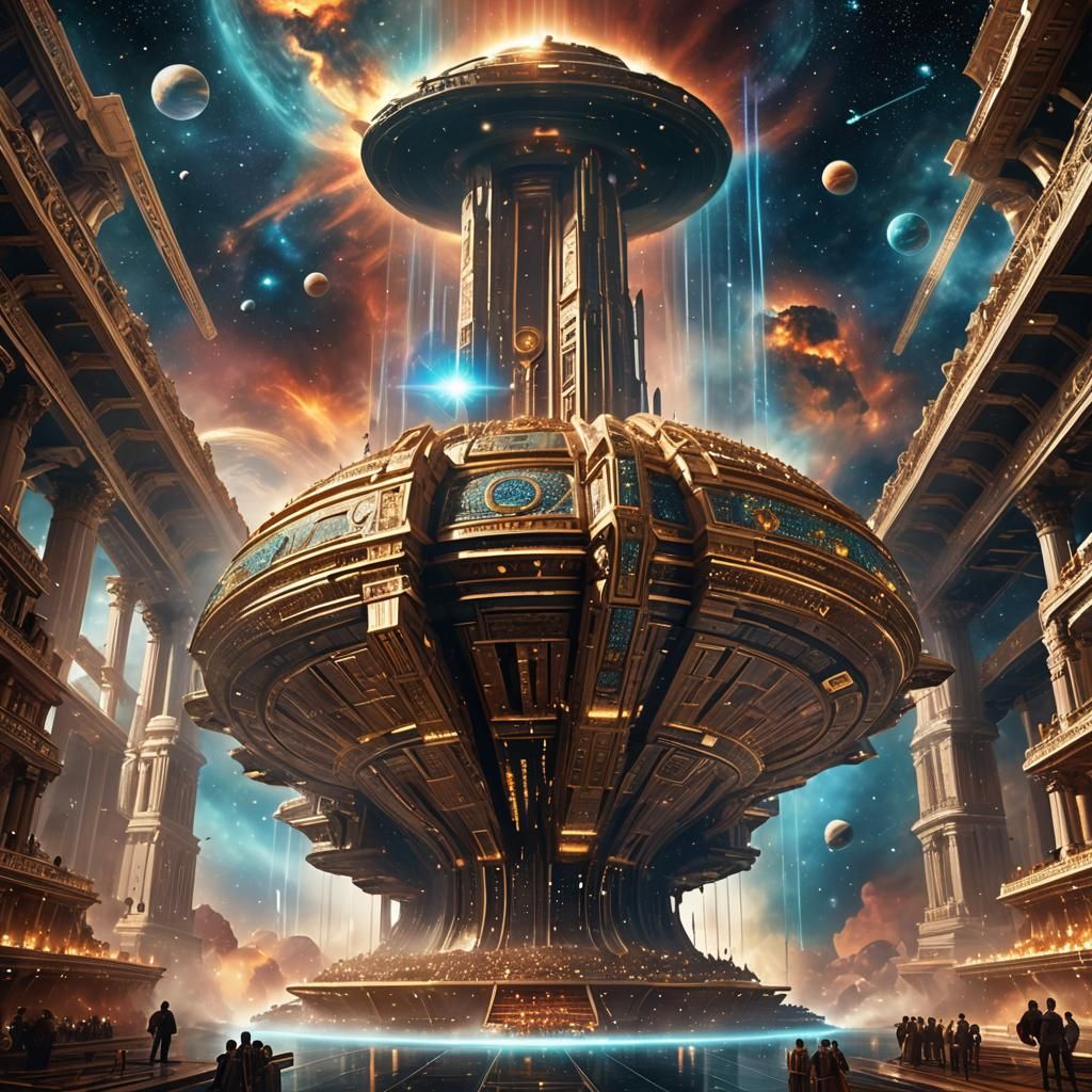 Roman Temple Spaceship in Nebula, Sci-Fi Art