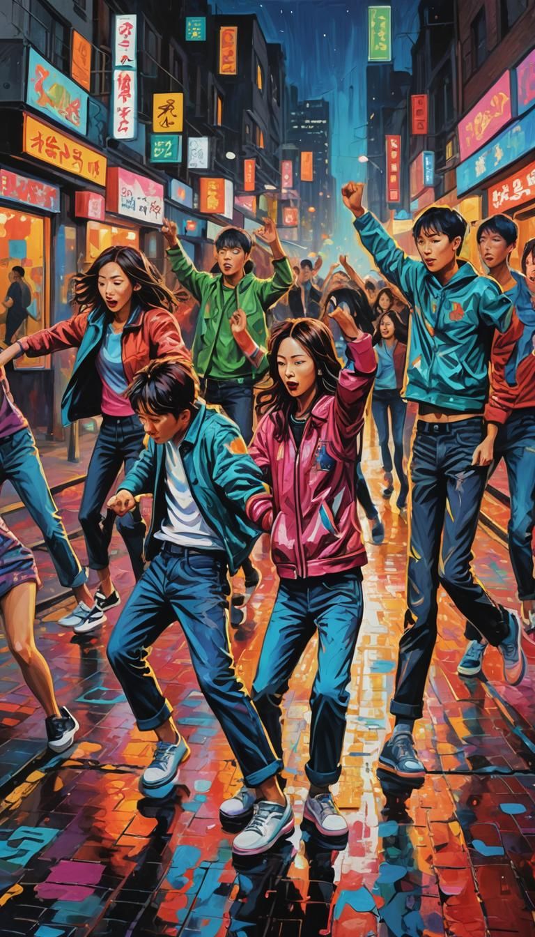 Korean Street Scene: Neo-Expressionist Impasto Oil Painting