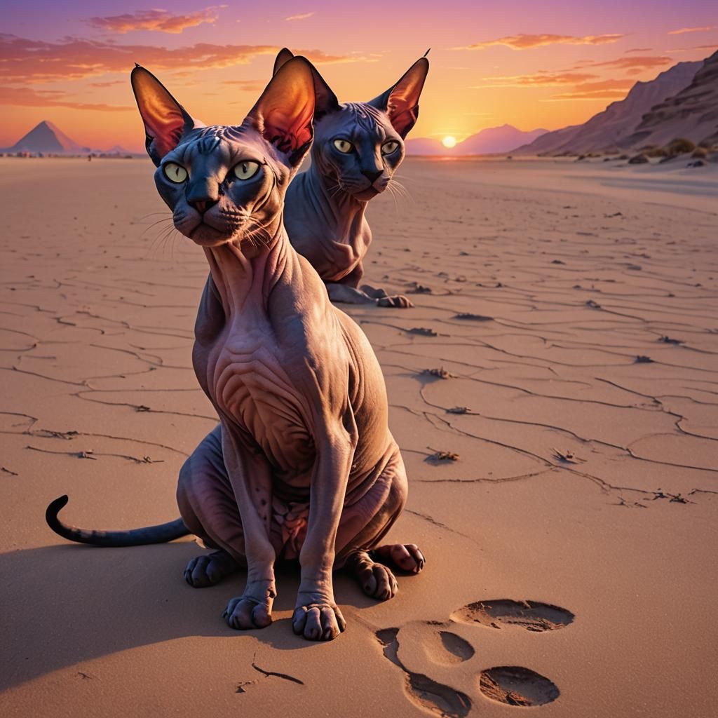 Sphynx Cat on Desert Beach at Sunset: Matte Painting