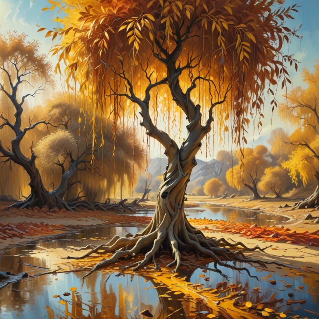 Surreal Autumn Willow Tree in Dreamlike Oil Painting
