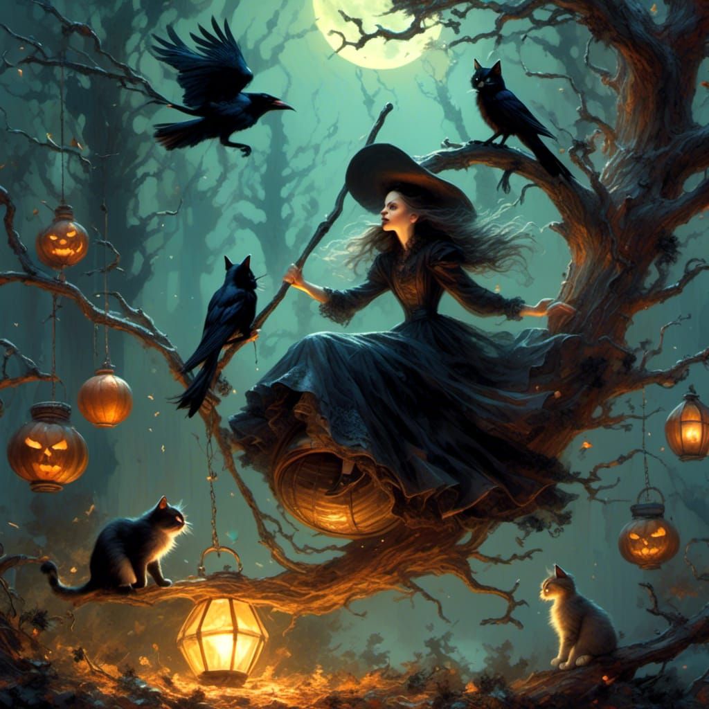 <lora:WITCHES and more:1.0>A drunken witch on her broom crashing into a pine tree. Over her head flowing a crow and unde...