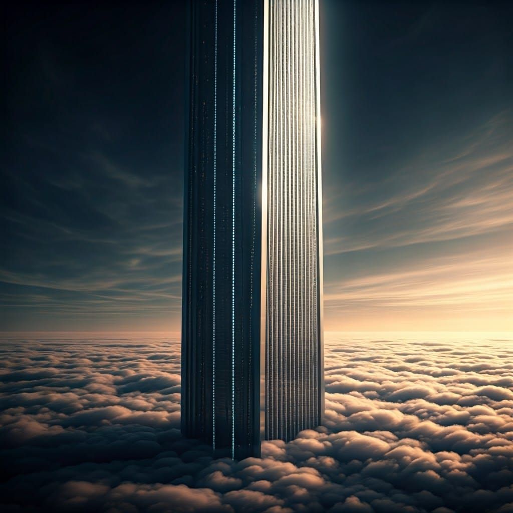 Futuristic Skyscraper Piercing Clouds in Hyperrealistic Styl...