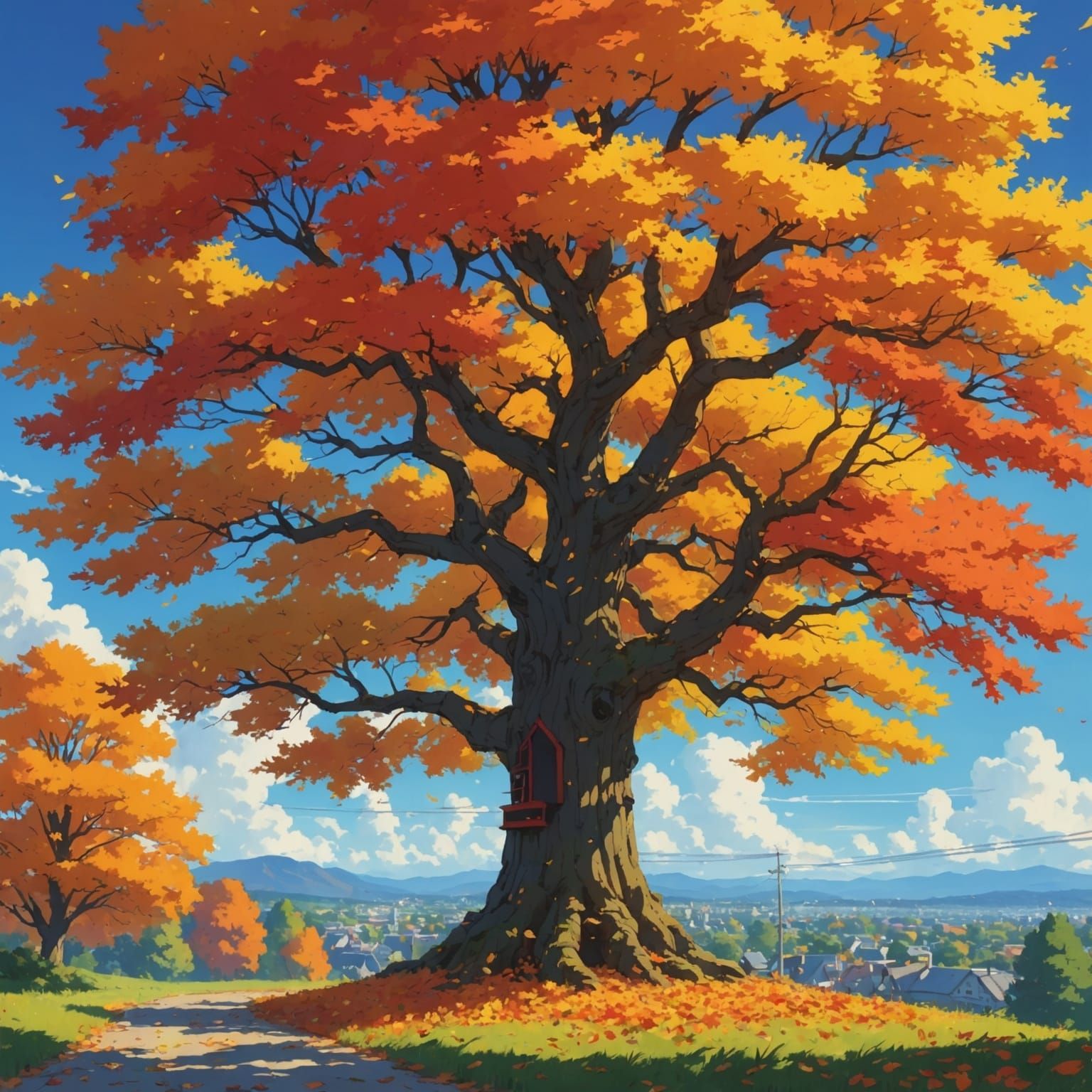 Musical Autumn Tree in Studio Ghibli Style