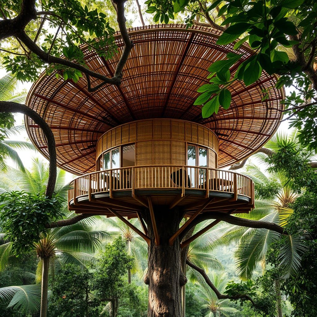 Organic Tropical Treehouse Blends into Lush Foliage in Earth...