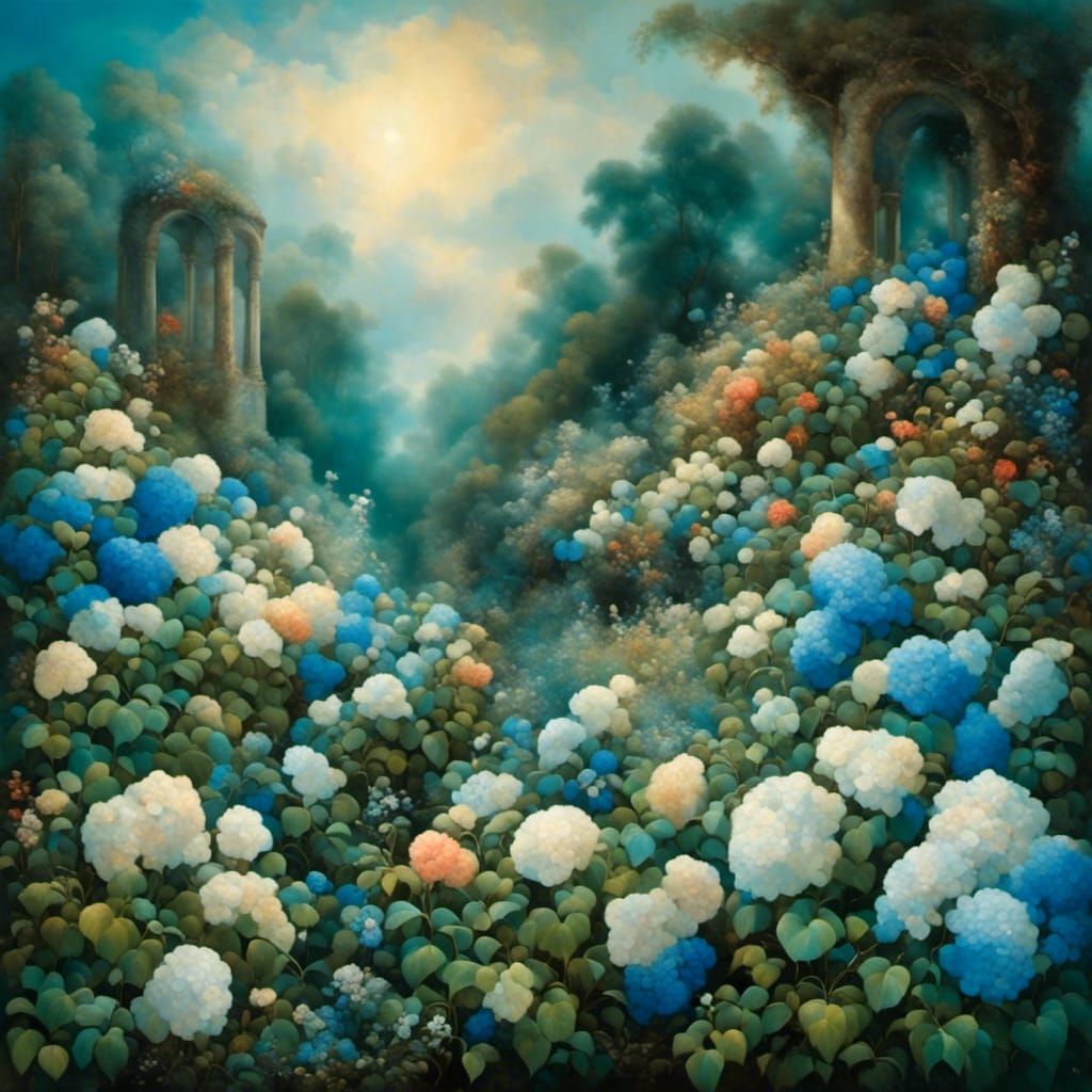 Dreamy Midnight Garden Hydrangeas: AI Image