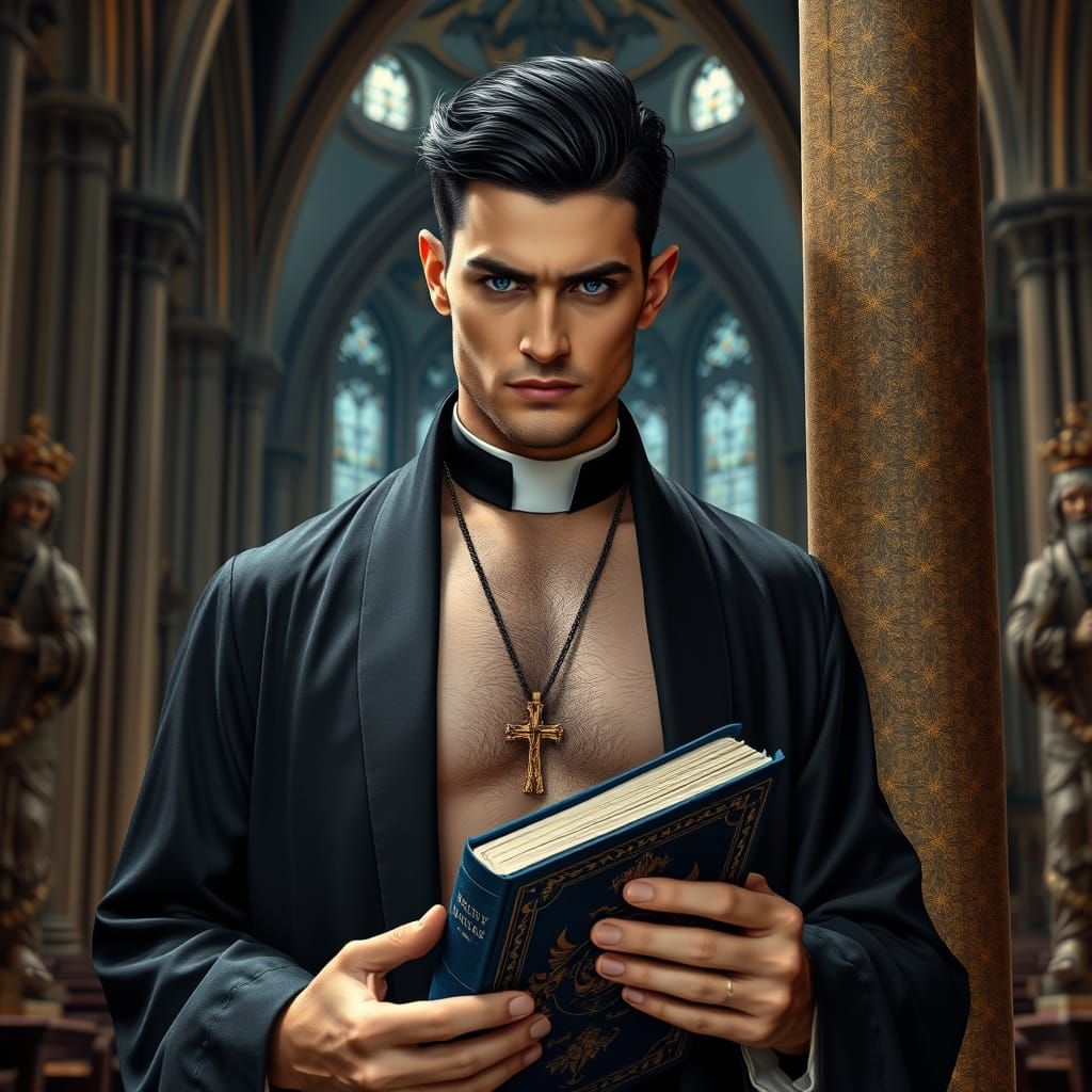 Priest in Gothic Church, Hyperrealistic Cinematic Style