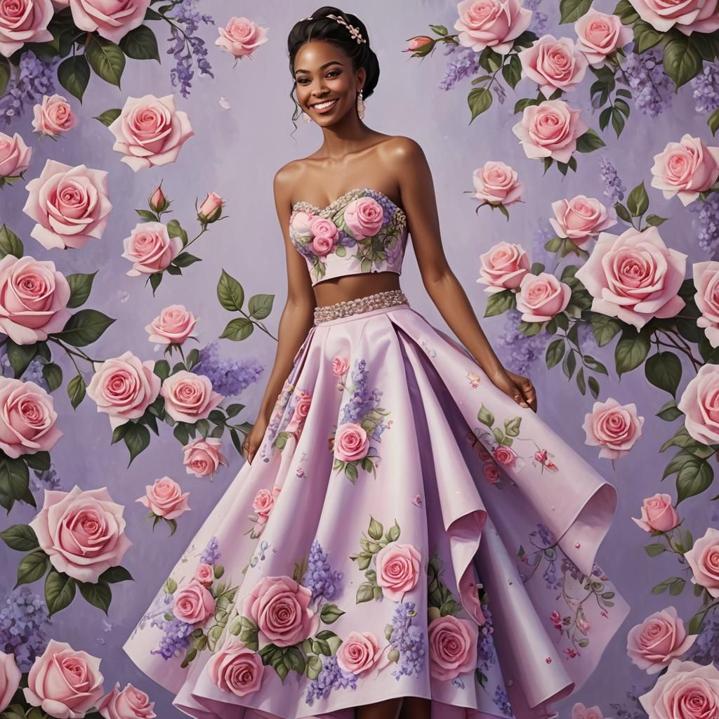 Beautiful Woman in Rose-Embellished Outfit, Digital Painting