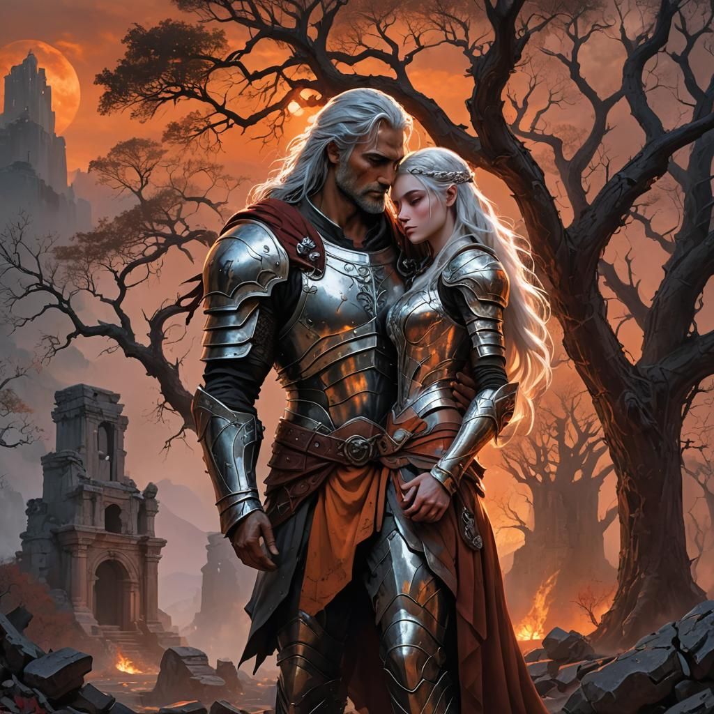 Warrior and Princess in Moonlit Ruins