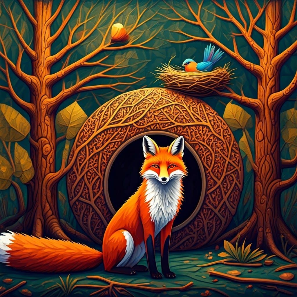 Vibrant Fox in Geometric Abstract Landscape