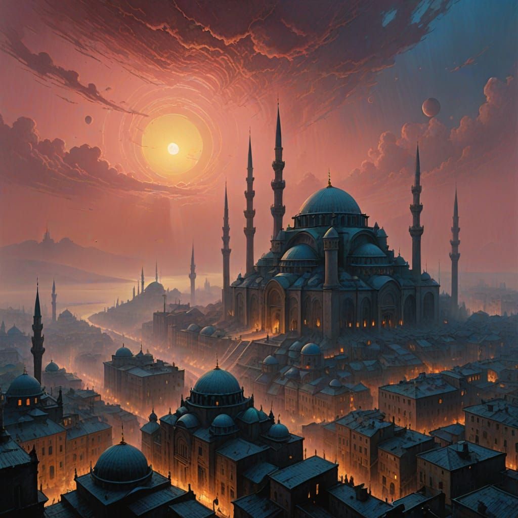 Surreal Sunset Cityscape in Vibrant, Hyper-Realistic Style