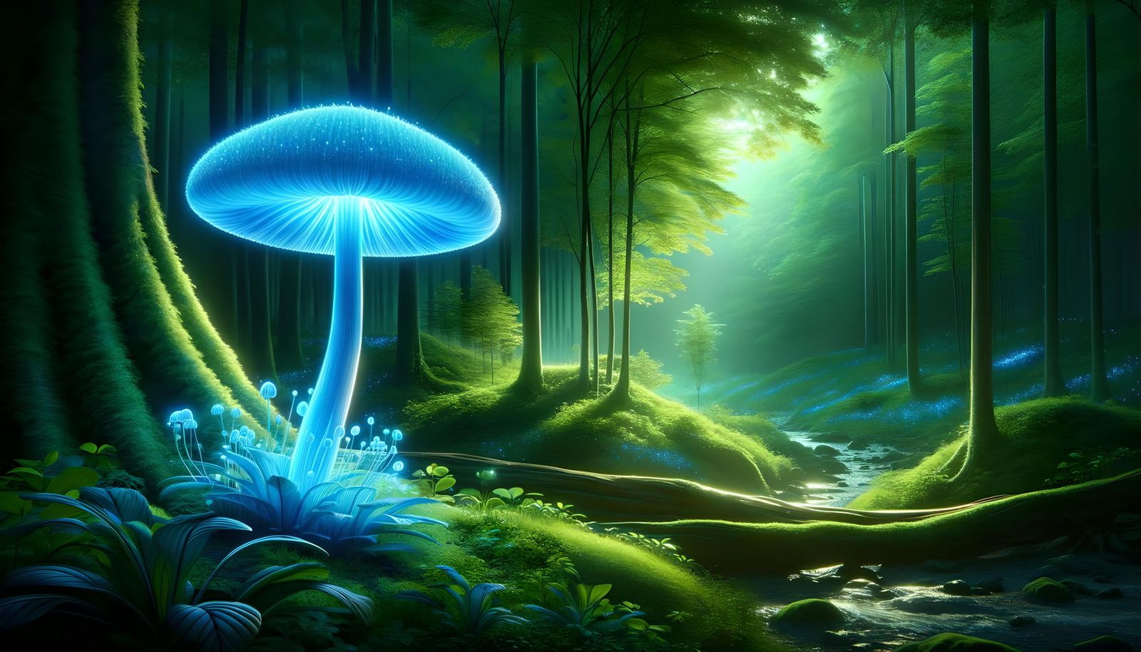 Blue Bioluminescent Mushroom in Verdant Forest