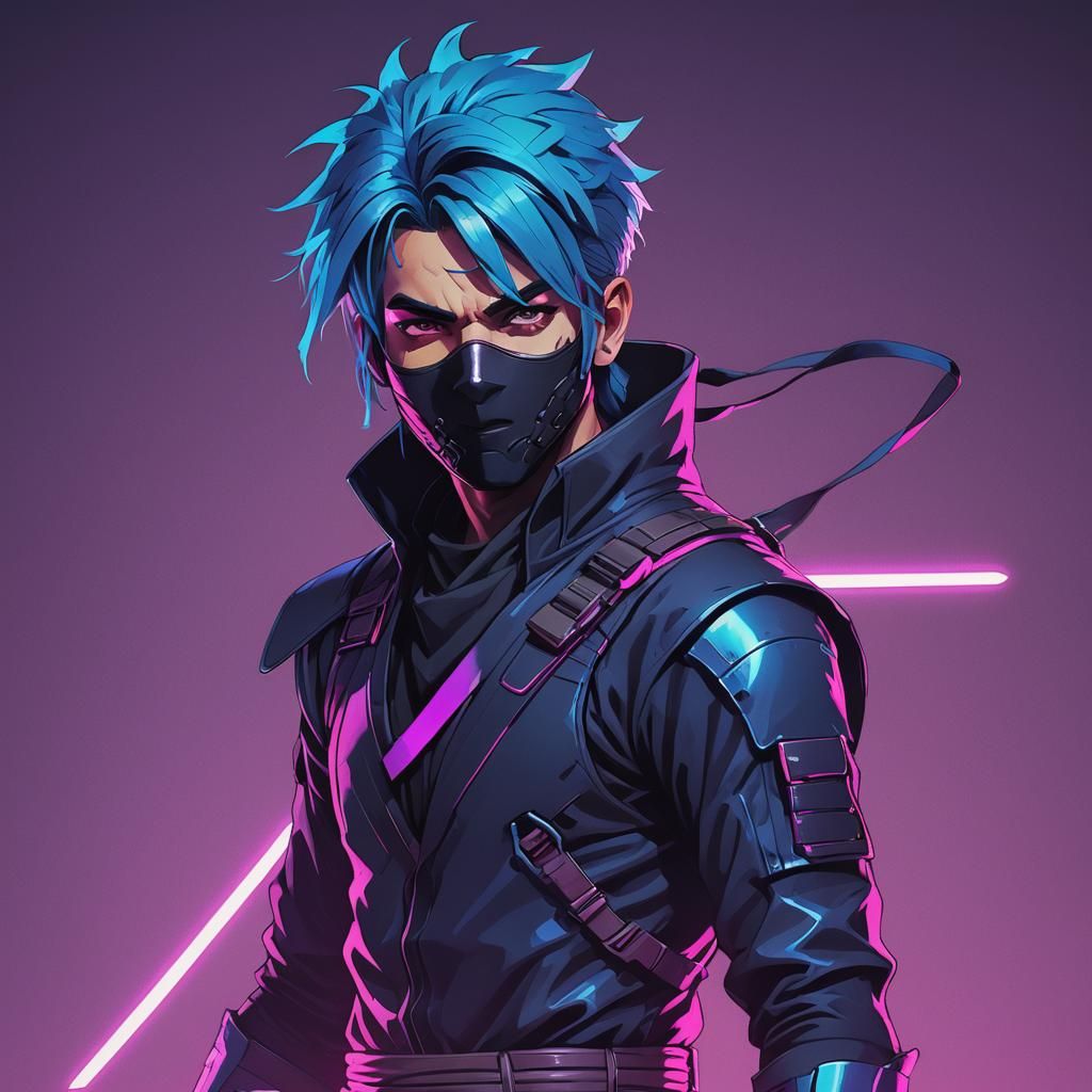 Blue-Haired Ninja Boy in Synthwave Neon Retro Style
