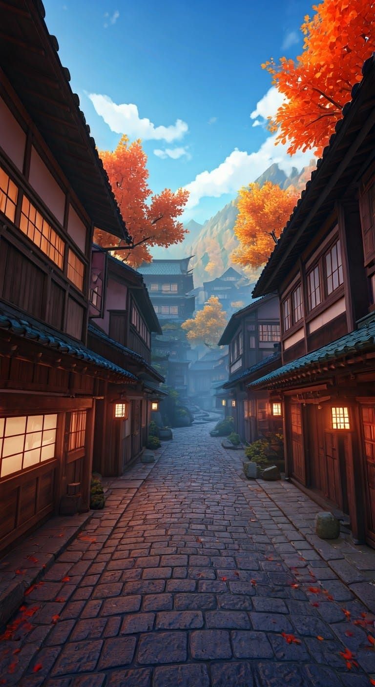 Tranquil Japanese Village in Autumn, Anime Style
