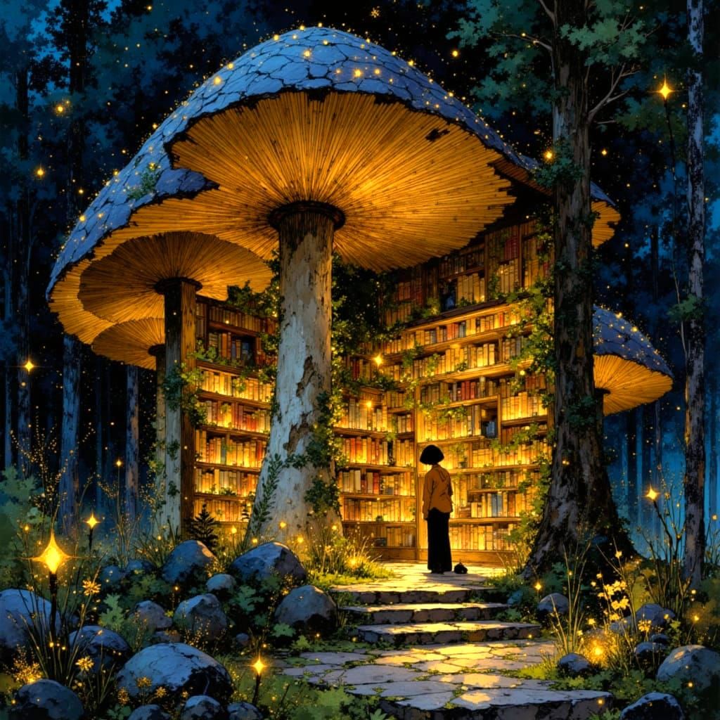 Magical Mushroom Library at Night