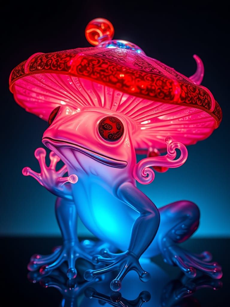 Luminous Glass Frog-Mushroom Sculpture in 4K
