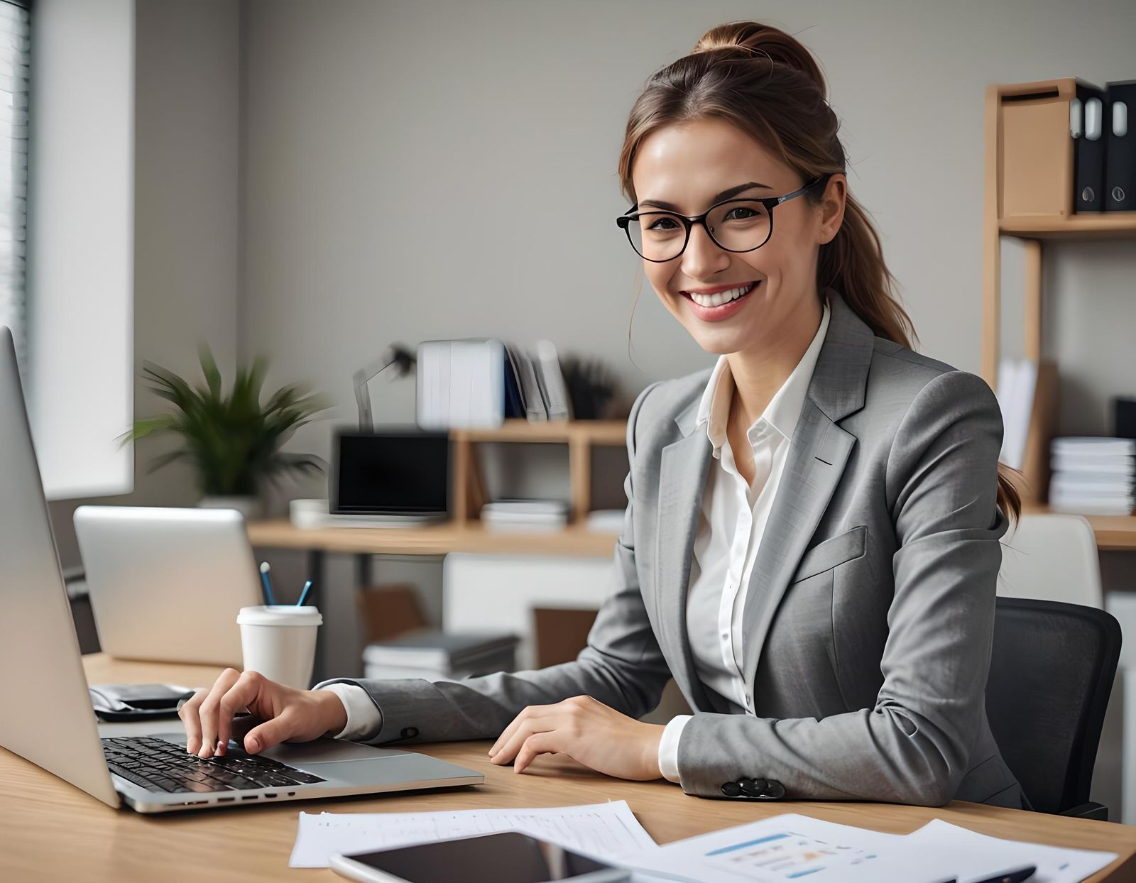 Smiling Businesswoman at Desk Typing on Laptop