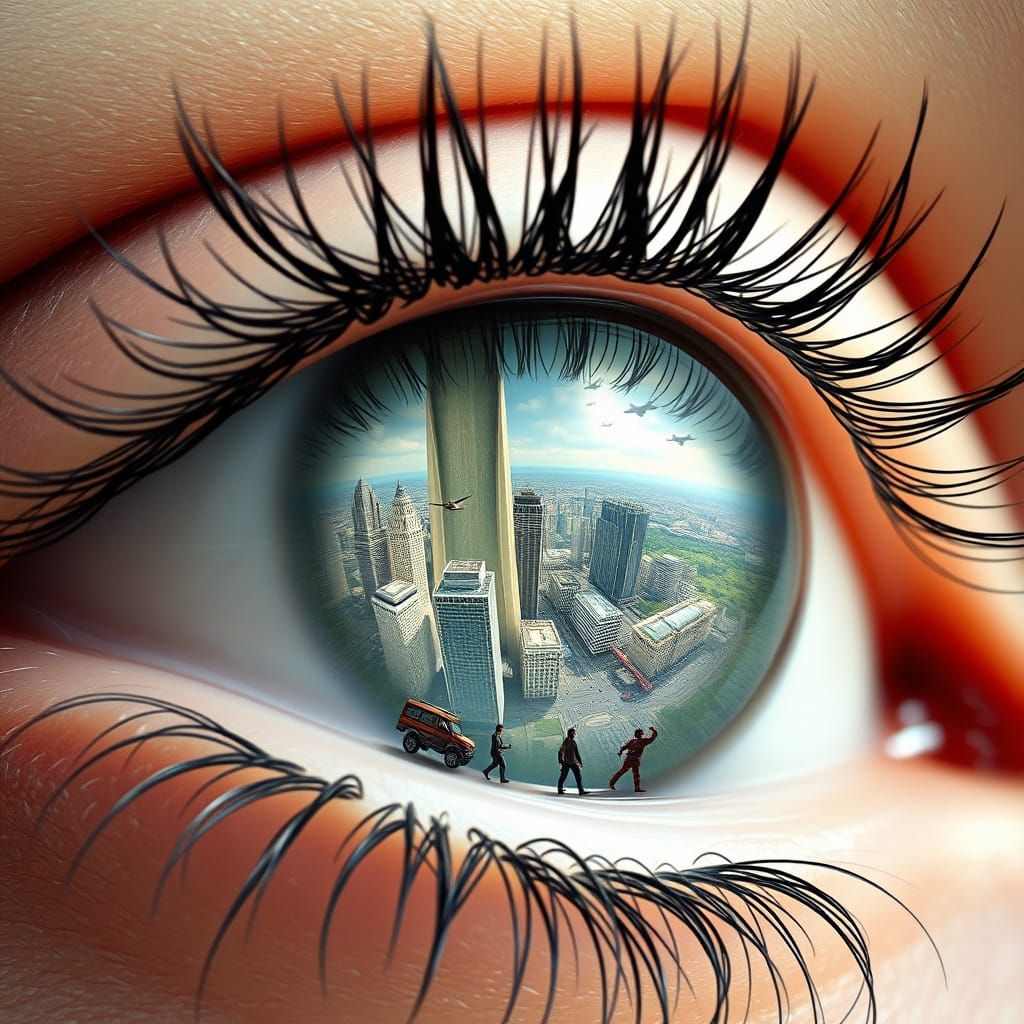 Eye Reflecting Miniature Cityscape in Surreal Macro Style
