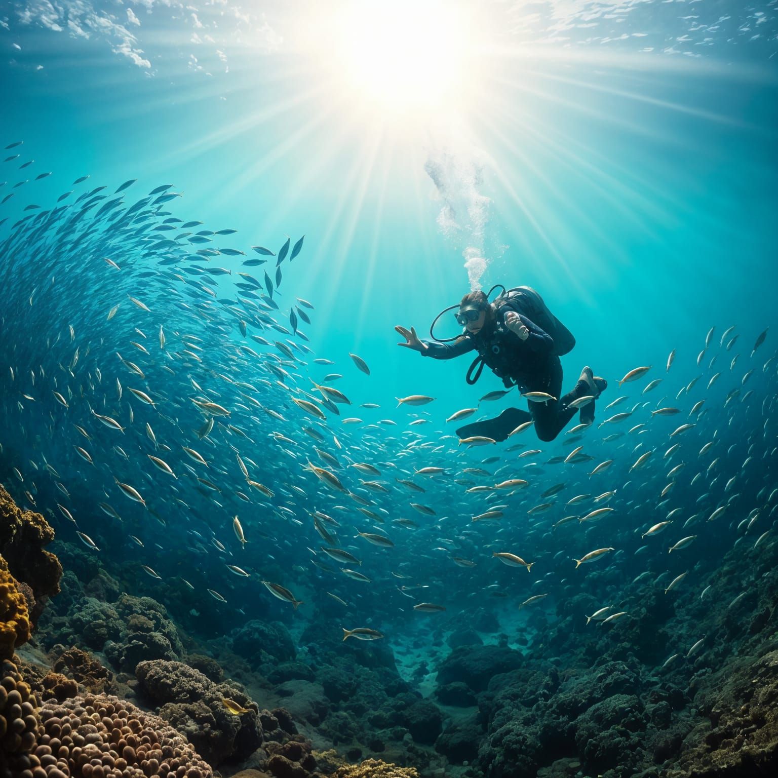 Underwater Volumetric Light Beams in Deep Blue Waters