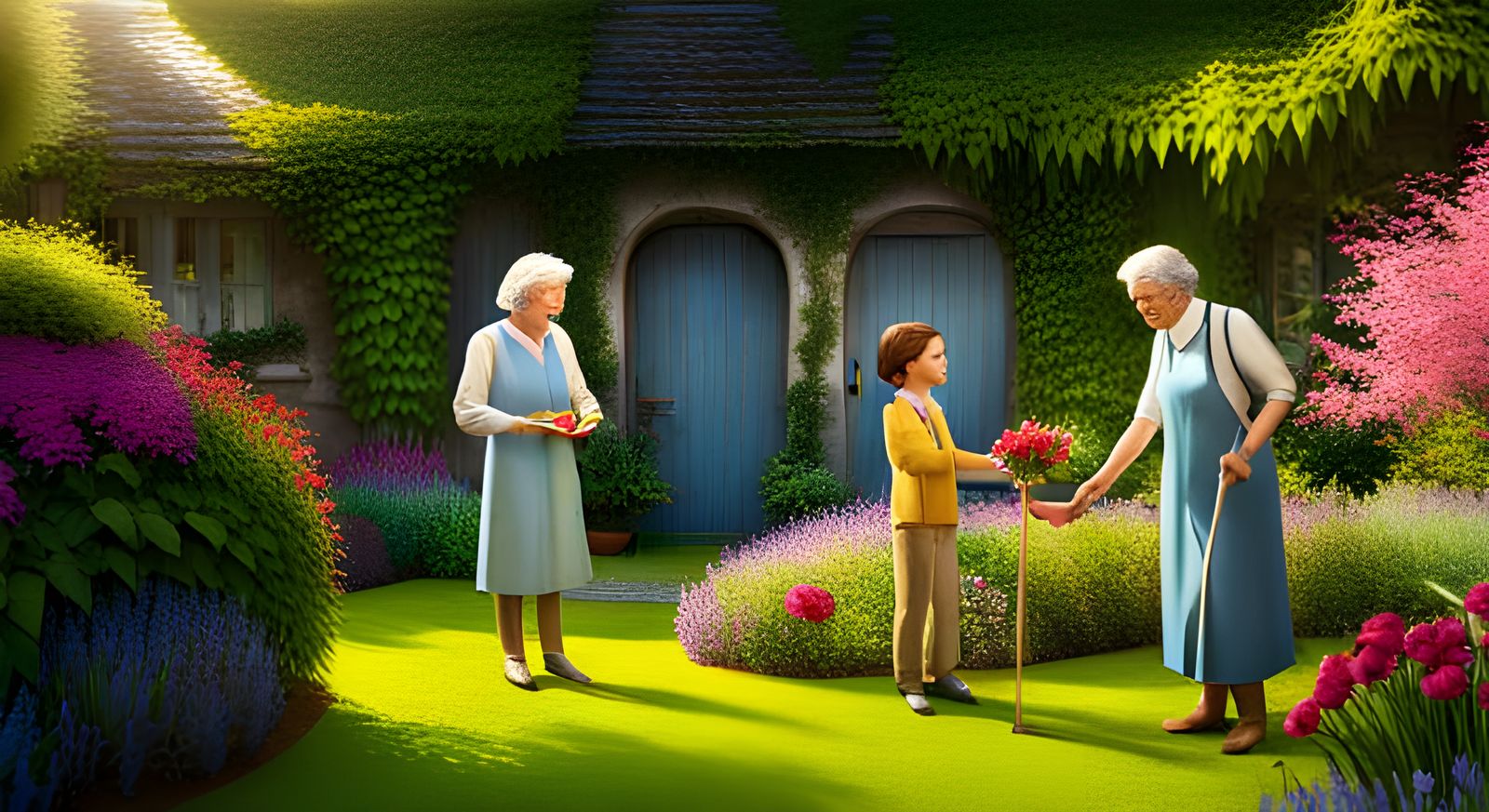 Elder and Youth Share Secrets in Lush Garden