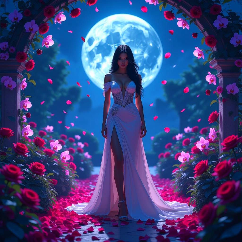 Ethereal Woman in Moonlit Garden: Digital Painting