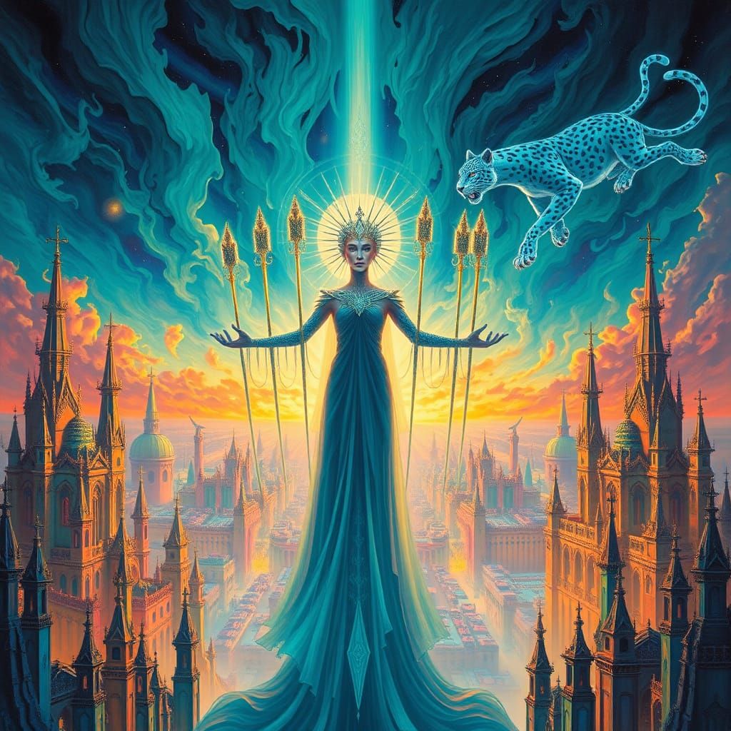 Surreal Cityscape with Teal Flames and Regal Figure