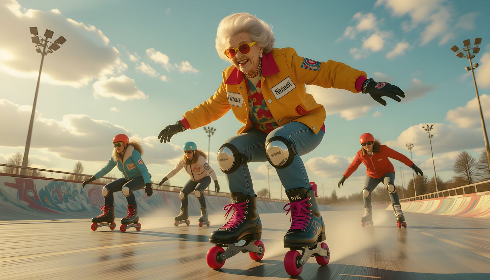 Grandmother on Roller Skates Overtaking Younger Skaters