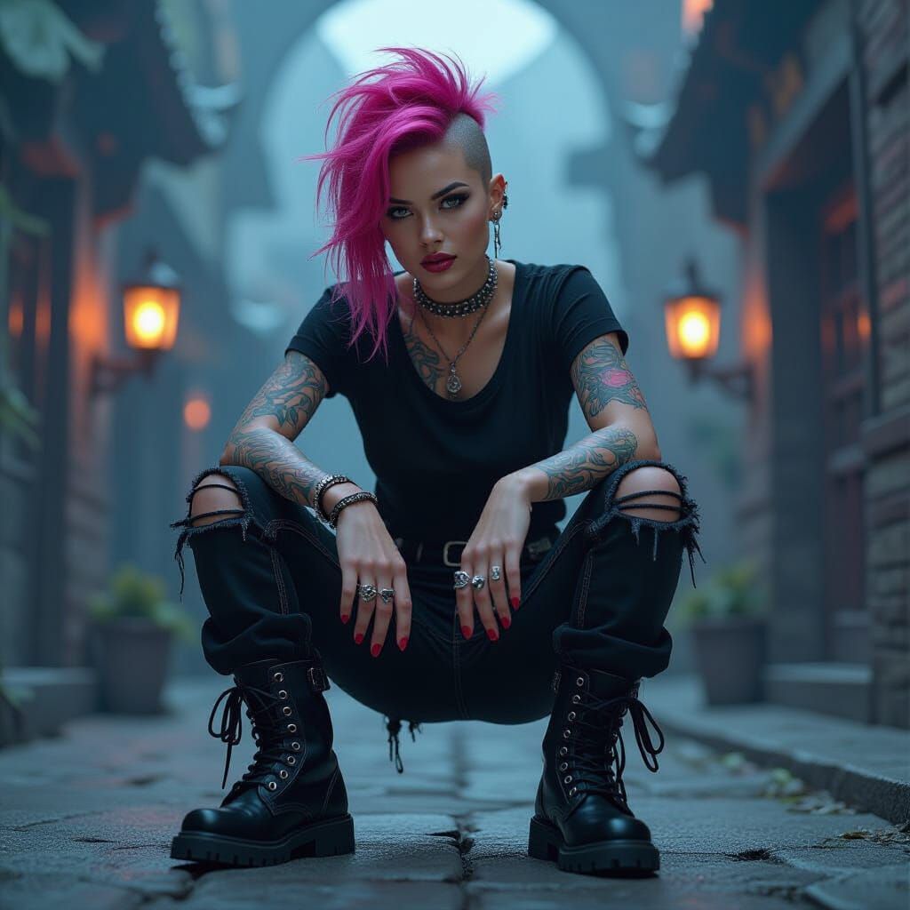 Punk Girl in Mystical Light: Digital Art Inspired by Mucha