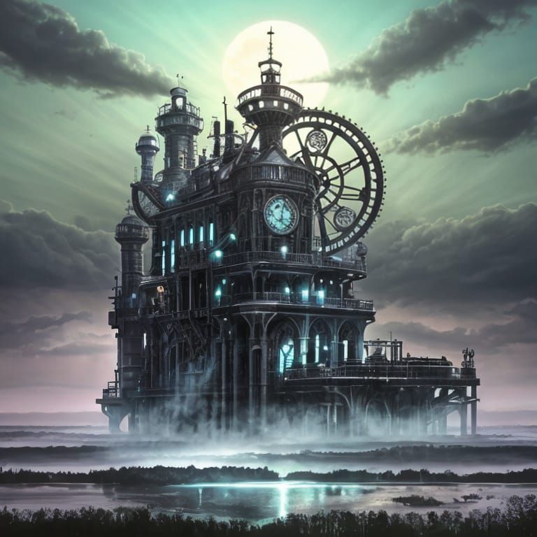 Fireflies Hovering over Moonlit Swamp: Steampunk