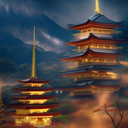 Majestic Japanese Pagodas in Detailed Matte Painting