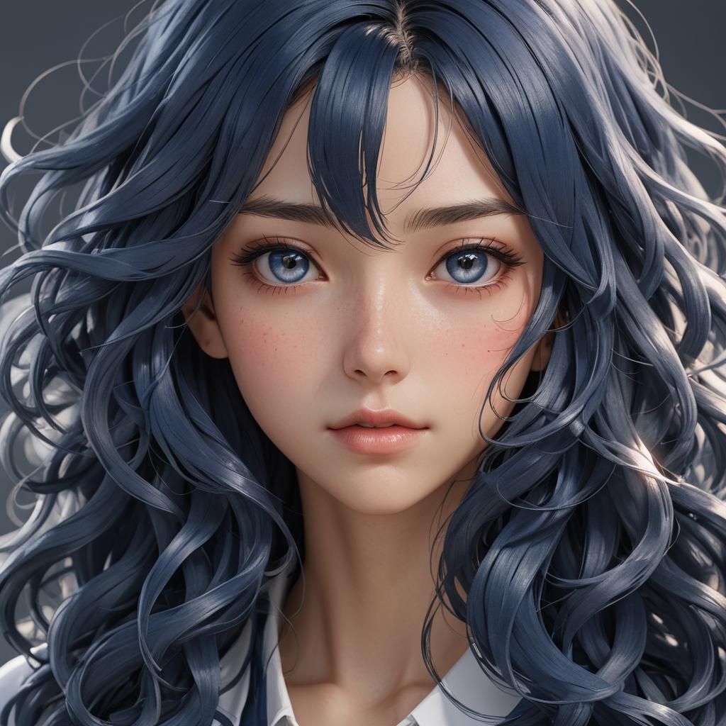 Anime Style Portrait of Girl with Blue Hair