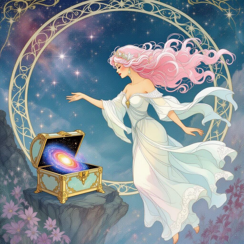 Ethereal Woman Reaching for Galaxy Treasure
