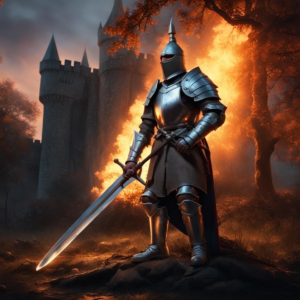 Medieval Knight with Burning Tree, Dark Fantasy Art
