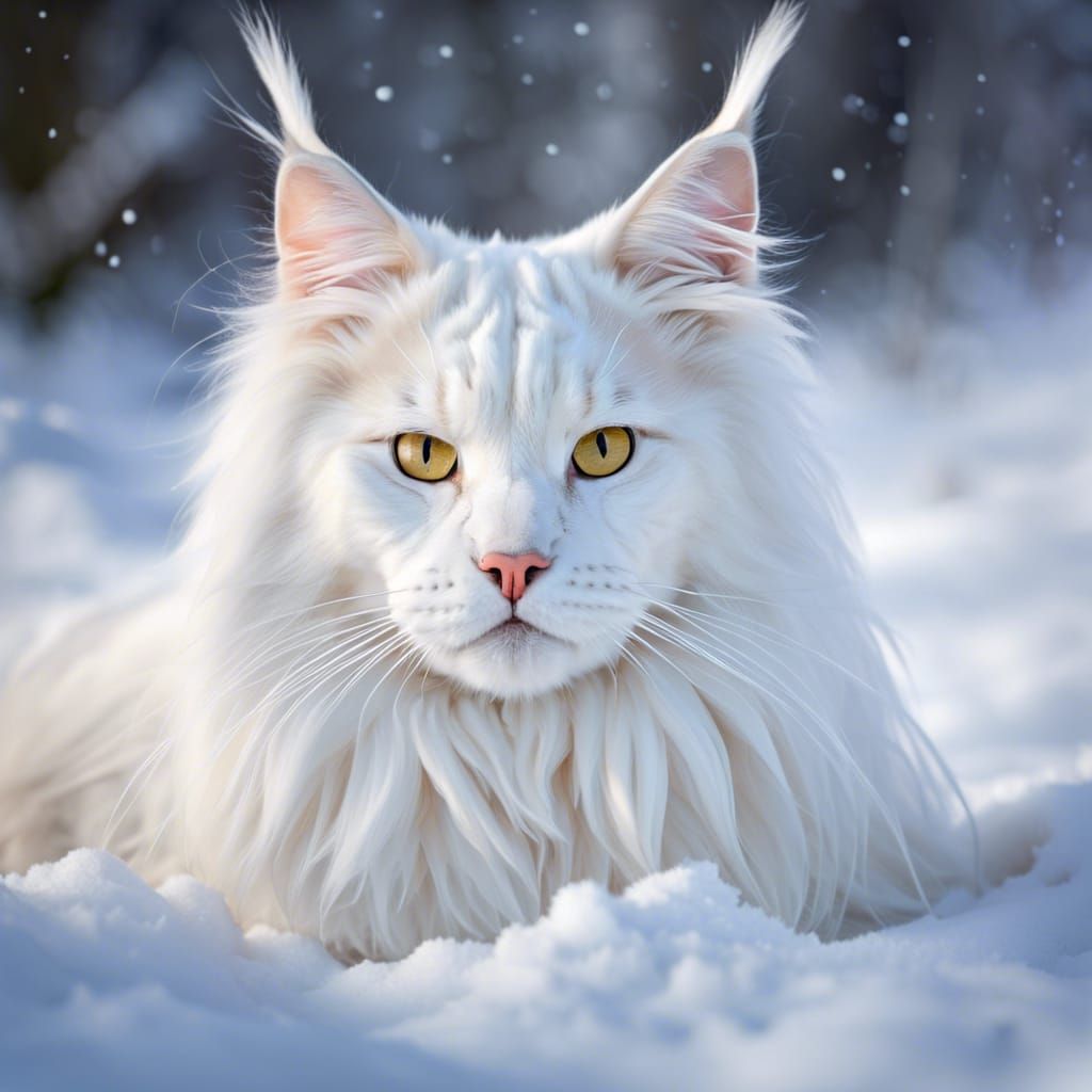 Graceful White Maine Coon Cat in Snow