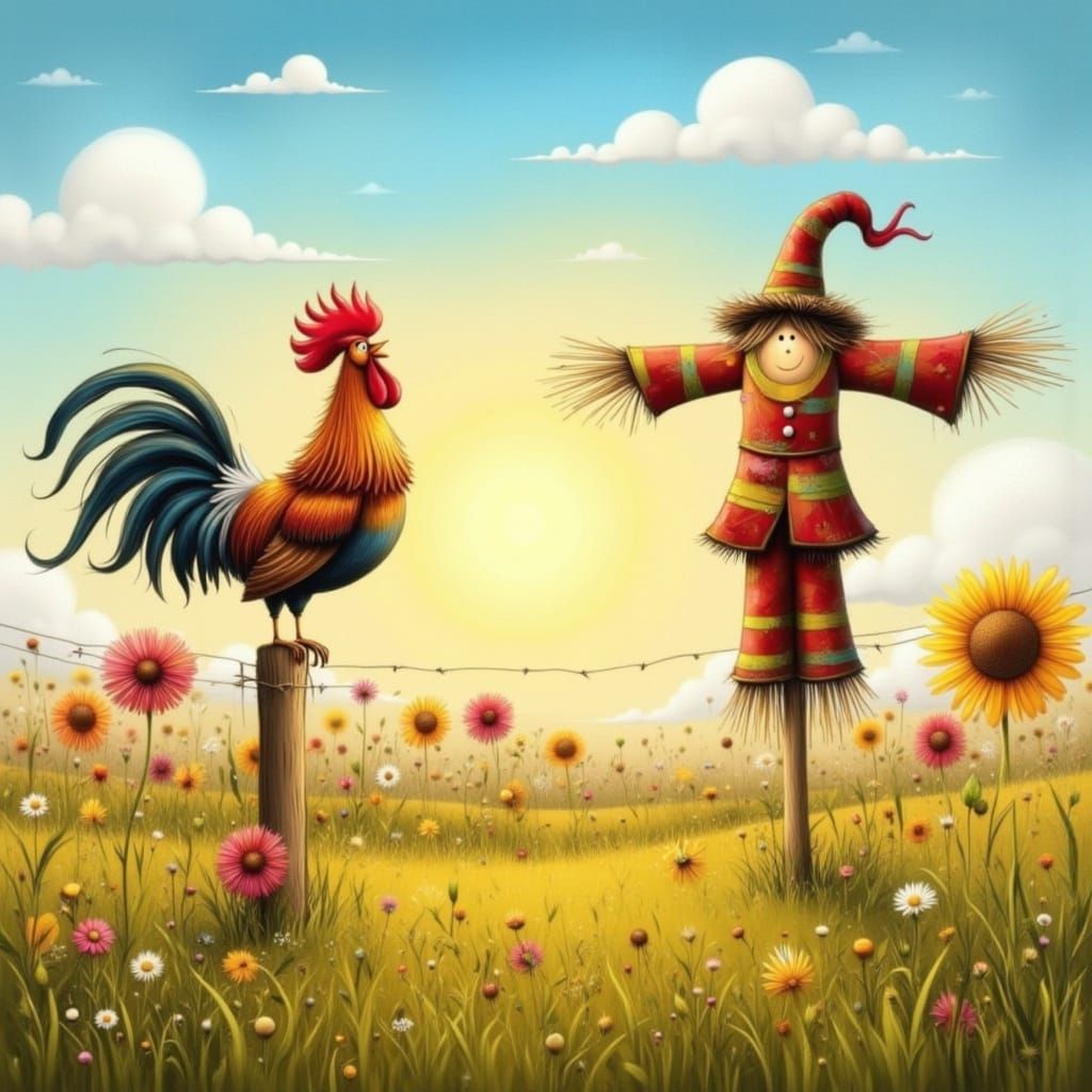 Rooster Sings to Sunrise Over Paddock with Scarecrow