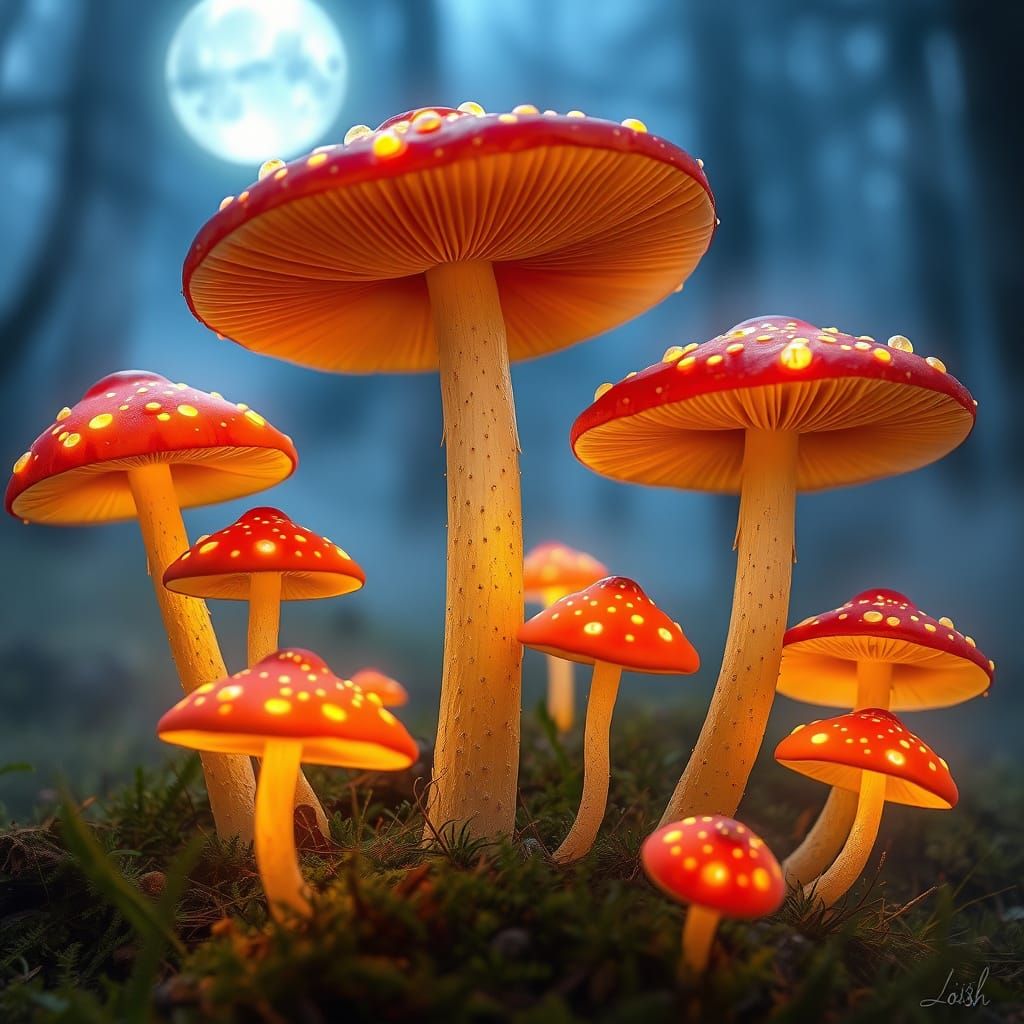 Whimsical Circle of Glowing Mushrooms in a Moonlit Forest