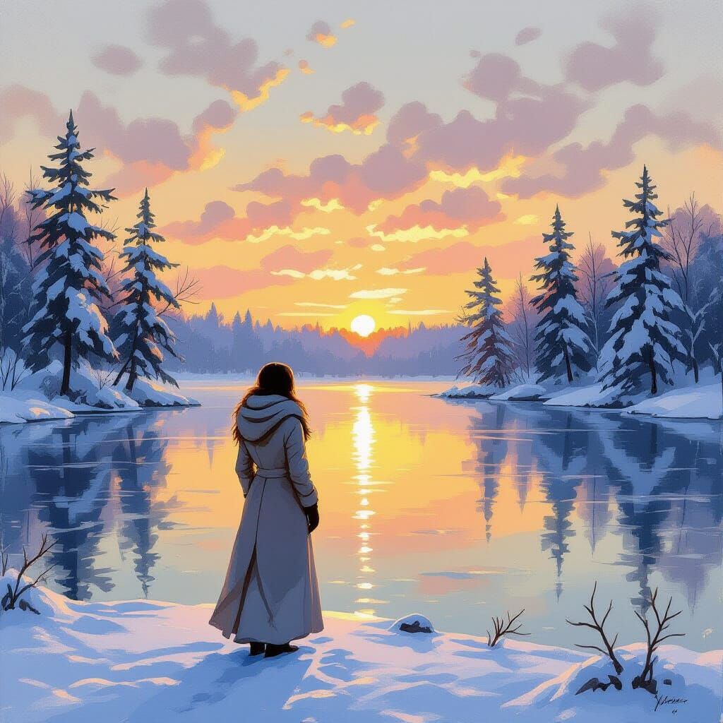 Woman on Frozen Lake at Sunrise: Impressionistic Style