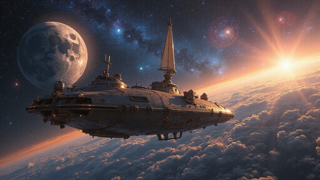 Surreal Futuristic Spaceships Soar Past a Celestial Wreckage...