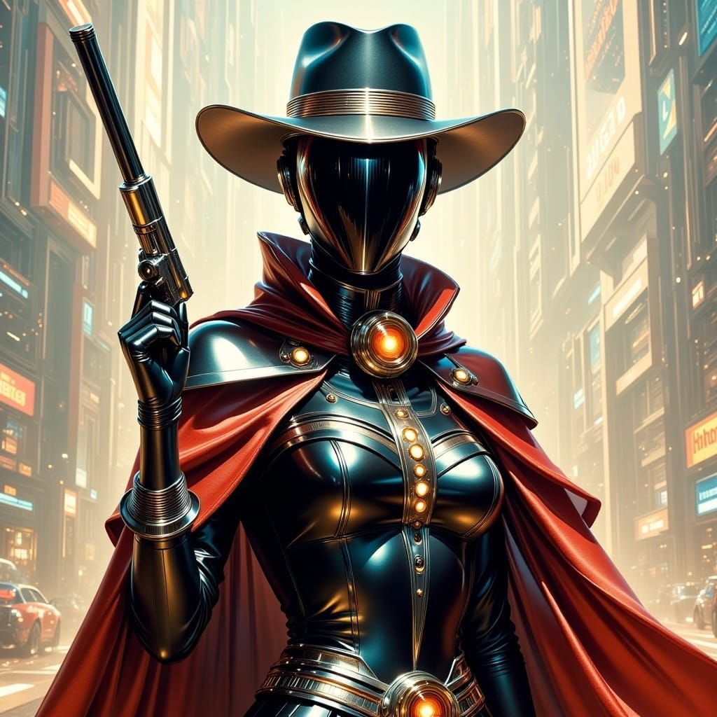 Faceless Bounty Hunter in Retro-Futuristic Style