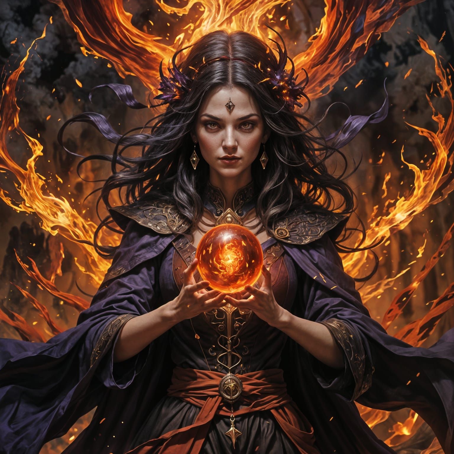 Witch Summons Fire Orbs in Dark Fantasy Style