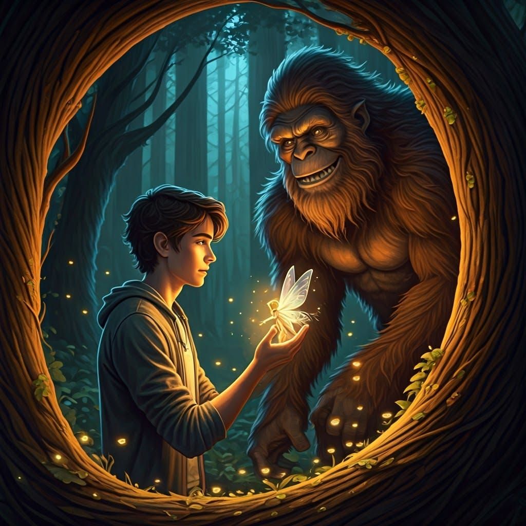 Man Mesmerized by Fairy in Forest, Hyperrealistic Art