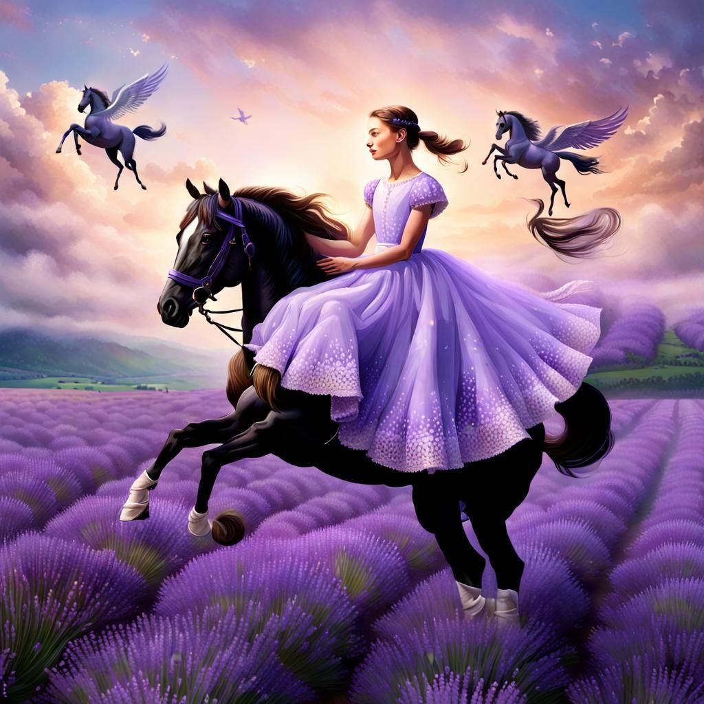 Girl in Lavender Dress on Flying Horse