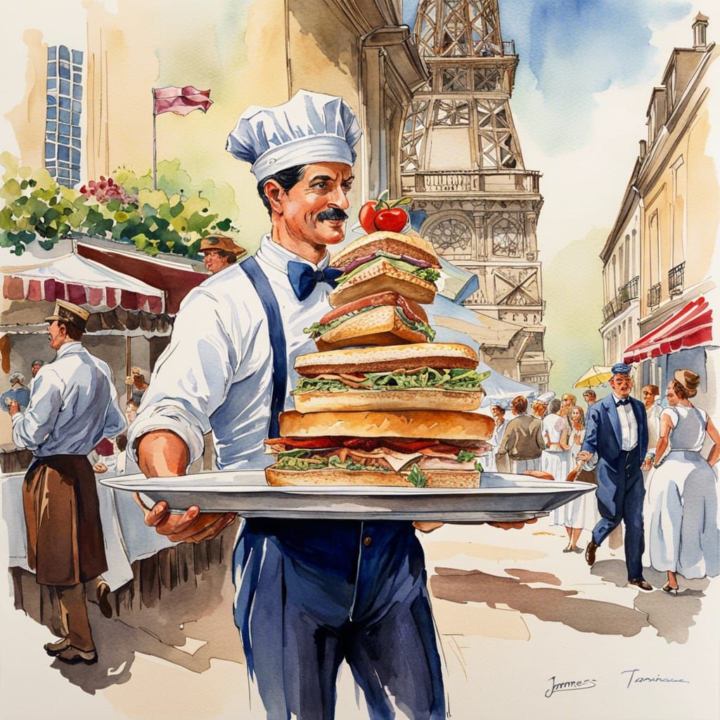 French Waiter's Sandwich Mishap: A Watercolor Bistro Scene