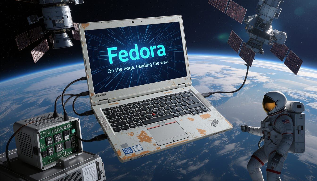 Cyberpunk Lenovo Thinkpad Displaying Fedora in Space