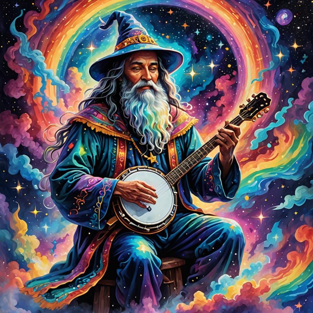 Wizard Crafts Rainbow Banjo in Cosmic Astral Art